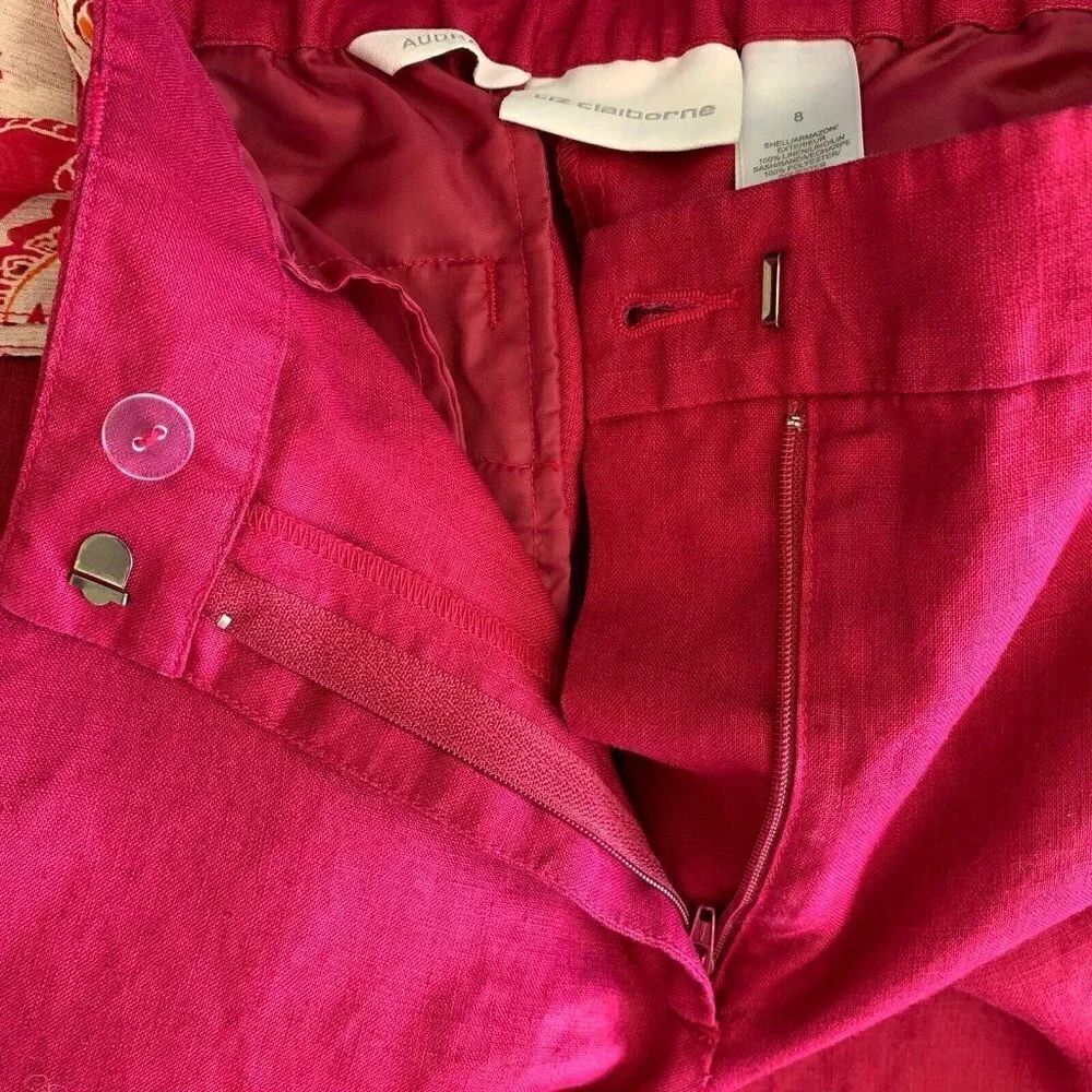 Liz Claiborne Audra Size 8 Wine Color 100% Linen Wide Leg Cropped Belt